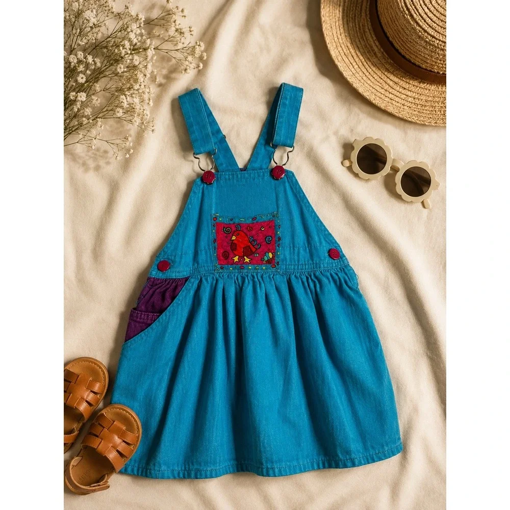 OshKosh B'gosh Vintage 90s Blue Purple Overall Dress Bird Patch Girls Size 5 USA